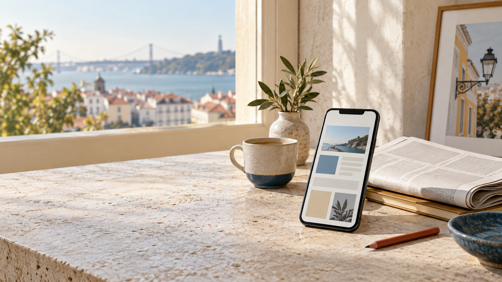 Mesa editorial iluminada com telemóvel, jornal e chávena junto a uma janela em Lisboa